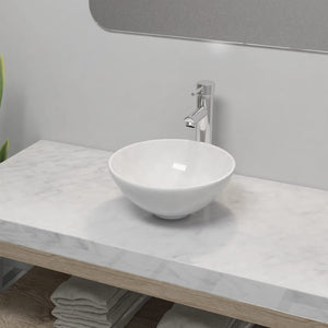 vidaXL Bathroom Sink with Faucet Ceramic Round White