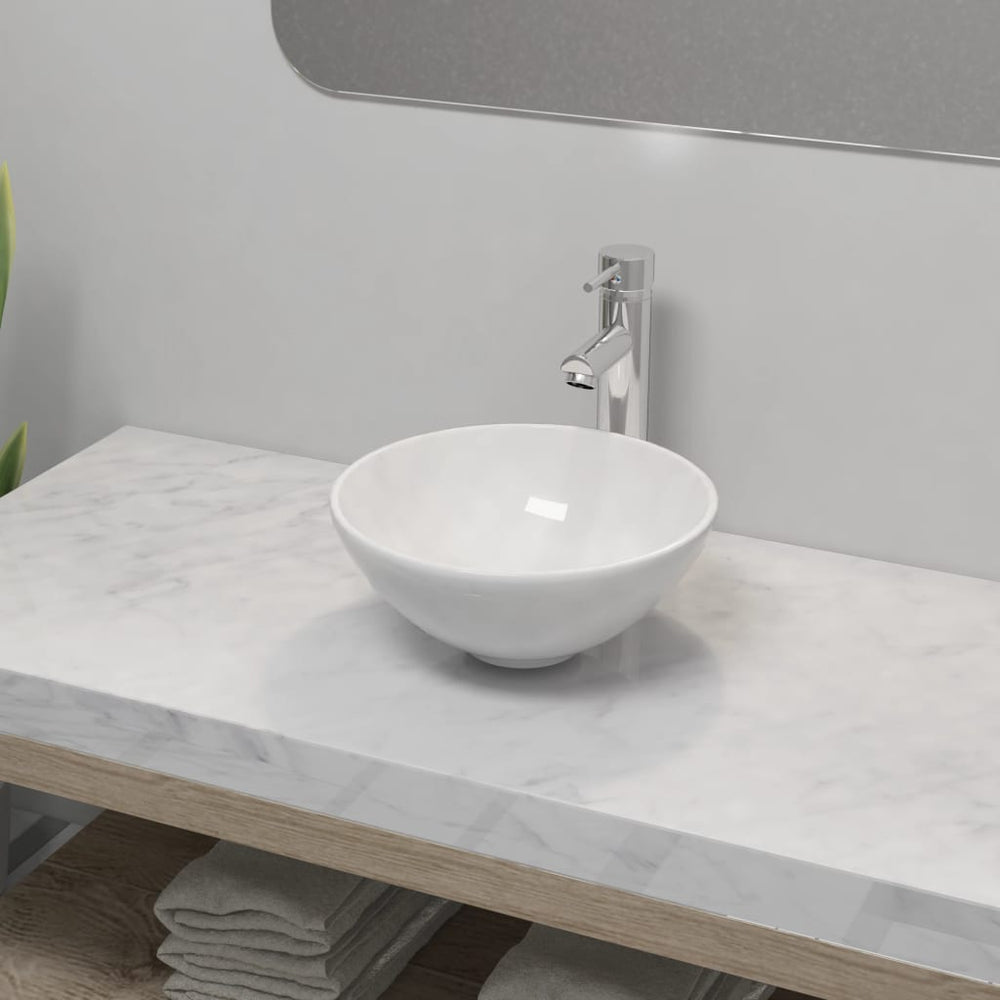 vidaXL Bathroom Sink with Faucet Ceramic Round White
