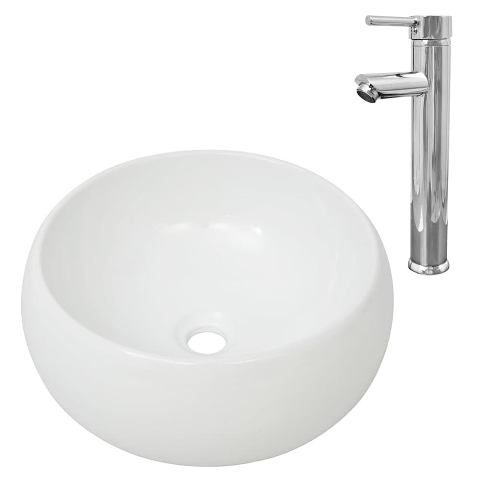 vidaXL Bathroom Sink with Faucet Ceramic Round White