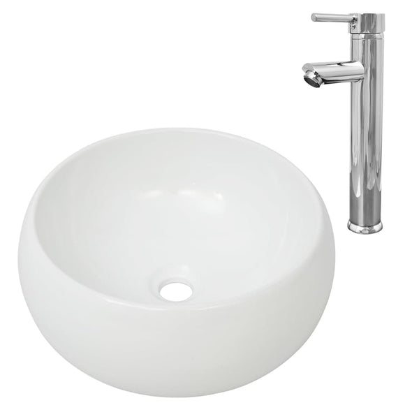 vidaXL Bathroom Sink with Faucet Ceramic Round White