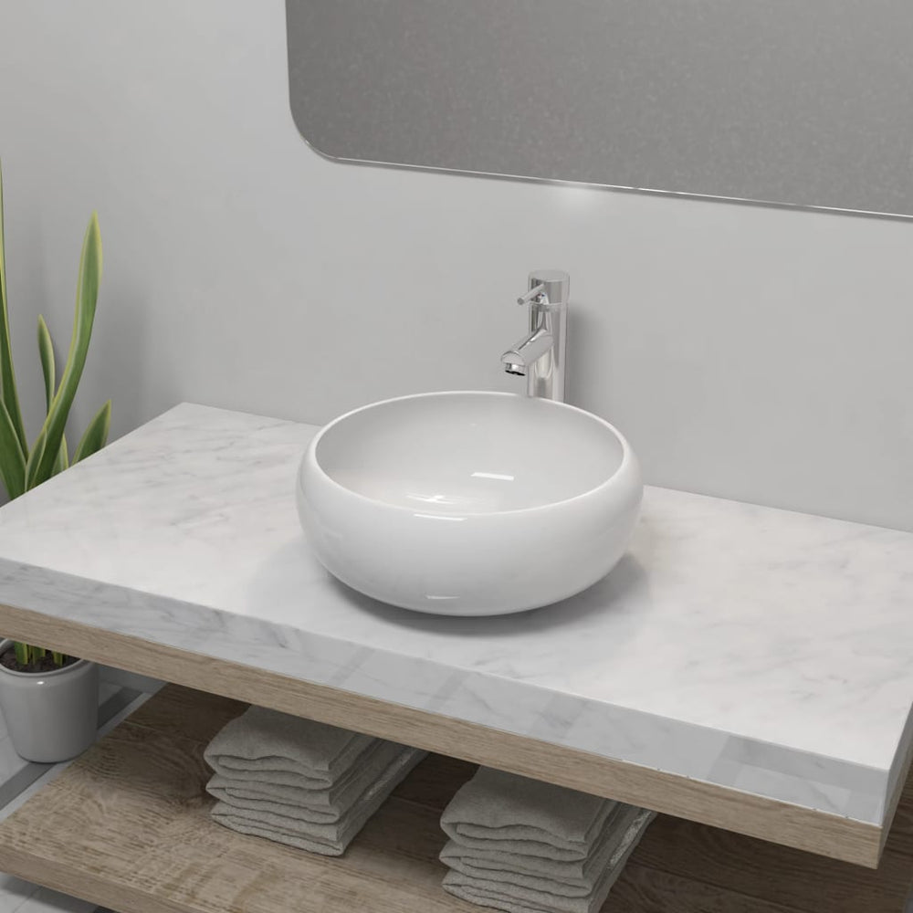 vidaXL Bathroom Sink with Faucet Ceramic Round White
