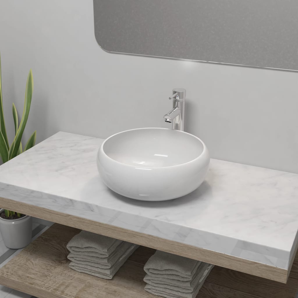 vidaXL Bathroom Sink with Faucet Ceramic Round White