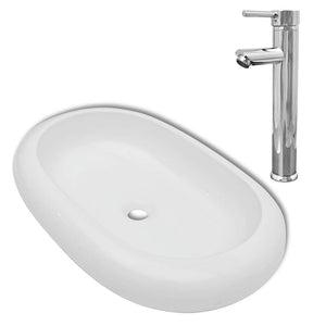 vidaXL Bathroom Basin with Faucet Ceramic Oval White