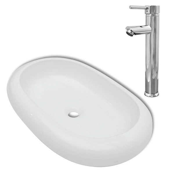vidaXL Bathroom Basin with Faucet Ceramic Oval White