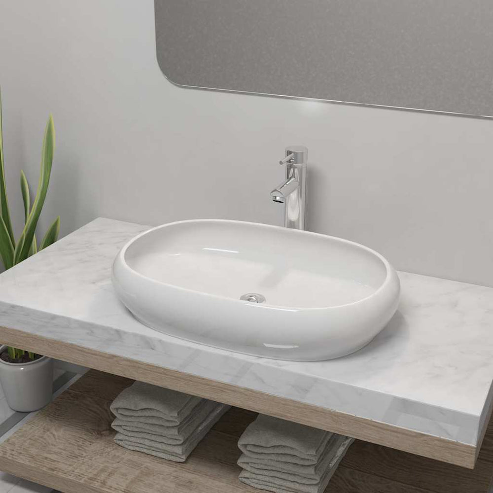 vidaXL Bathroom Basin with Faucet Ceramic Oval White