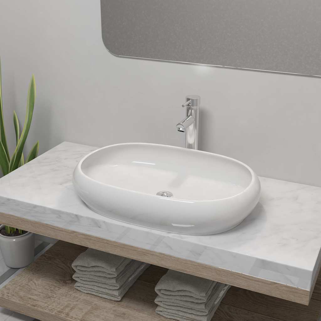 vidaXL Bathroom Basin with Faucet Ceramic Oval White