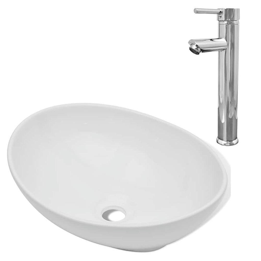 vidaXL Bathroom Basin with Faucet Ceramic Oval White