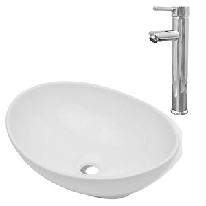 vidaXL Bathroom Basin with Faucet Ceramic Oval White
