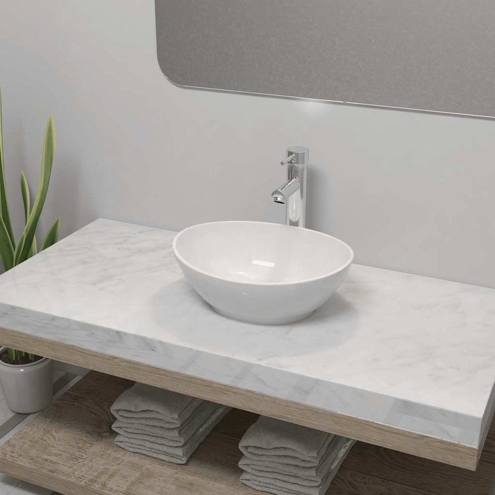 vidaXL Bathroom Basin with Faucet Ceramic Oval White