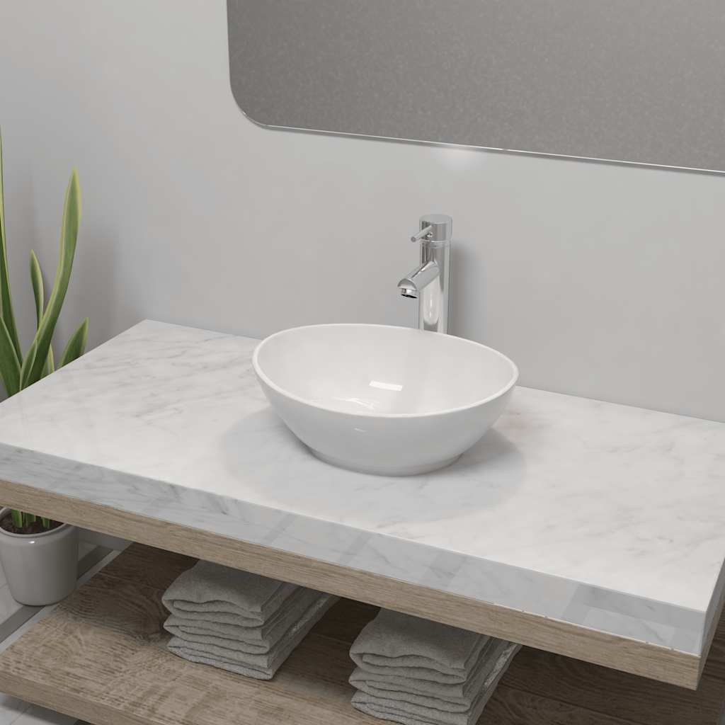 vidaXL Bathroom Basin with Faucet Ceramic Oval White