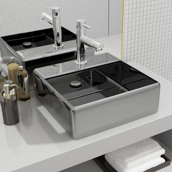 vidaXL Wash Basin with Overflow 41 x 41 x 15 cm Ceramic Silver