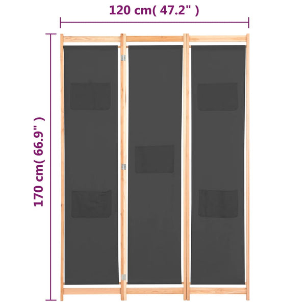 vidaXL 3-Panel Room Divider Grey 120 x 170 x 4 cm Fabric