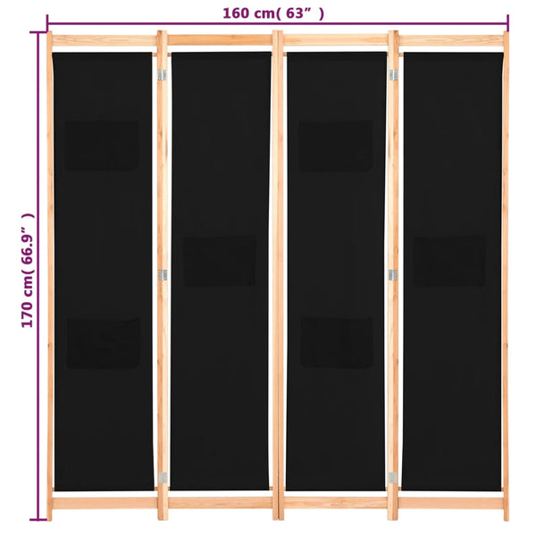vidaXL 4-Panel Room Divider Black 160 x 170 x 4 cm Fabric