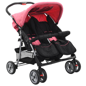 vidaXL Twin Stroller Pink and Black Steel