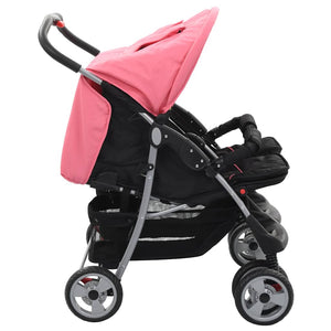 vidaXL Twin Stroller Pink and Black Steel