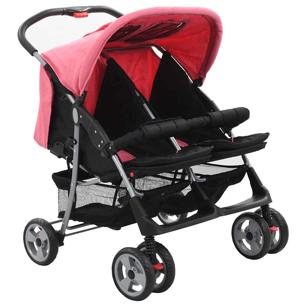 vidaXL Twin Stroller Pink and Black Steel