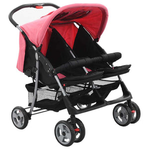 vidaXL Twin Stroller Pink and Black Steel