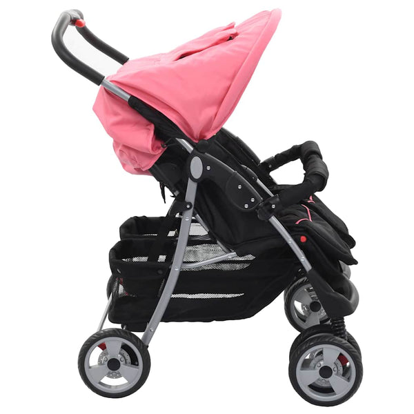vidaXL Twin Stroller Pink and Black Steel