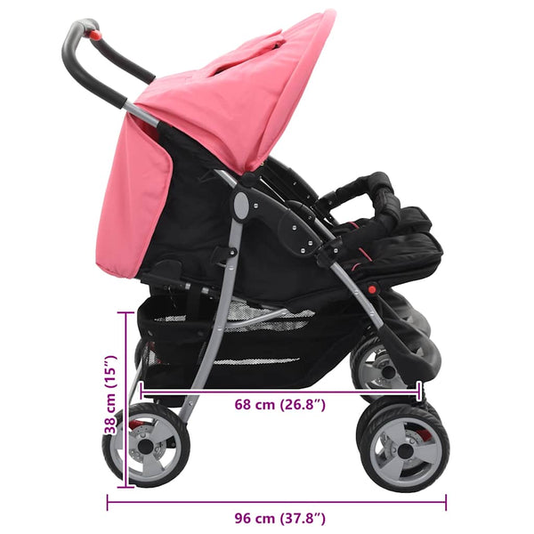 vidaXL Twin Stroller Pink and Black Steel