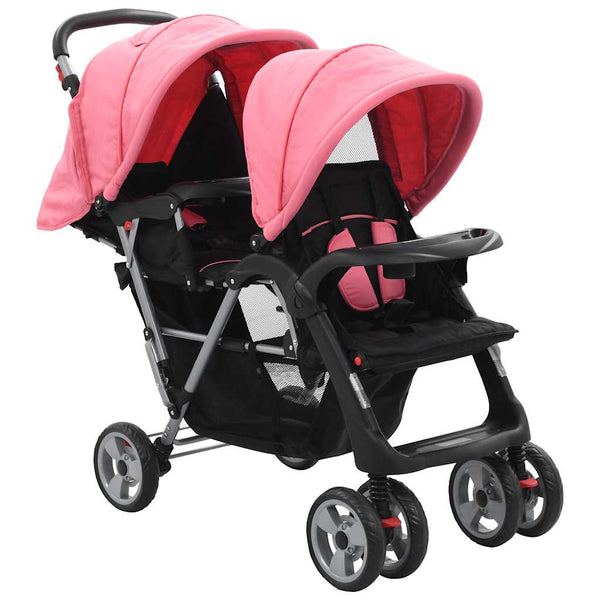 vidaXL Tandem Stroller Steel Pink and Black