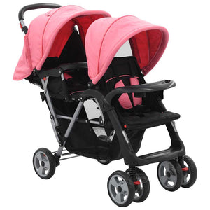 vidaXL Tandem Stroller Steel Pink and Black