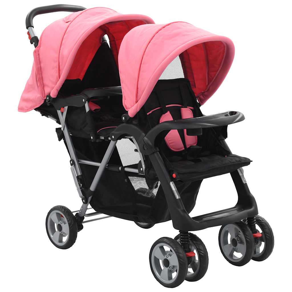 vidaXL Tandem Stroller Steel Pink and Black