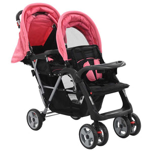 vidaXL Tandem Stroller Steel Pink and Black