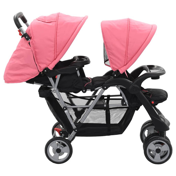 vidaXL Tandem Stroller Steel Pink and Black