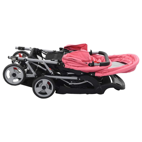 vidaXL Tandem Stroller Steel Pink and Black