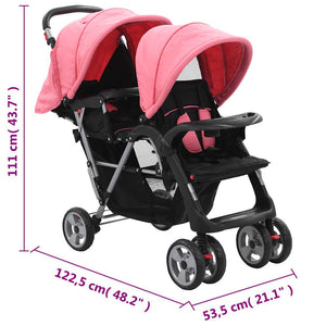 vidaXL Tandem Stroller Steel Pink and Black