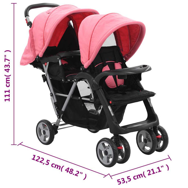 vidaXL Tandem Stroller Steel Pink and Black