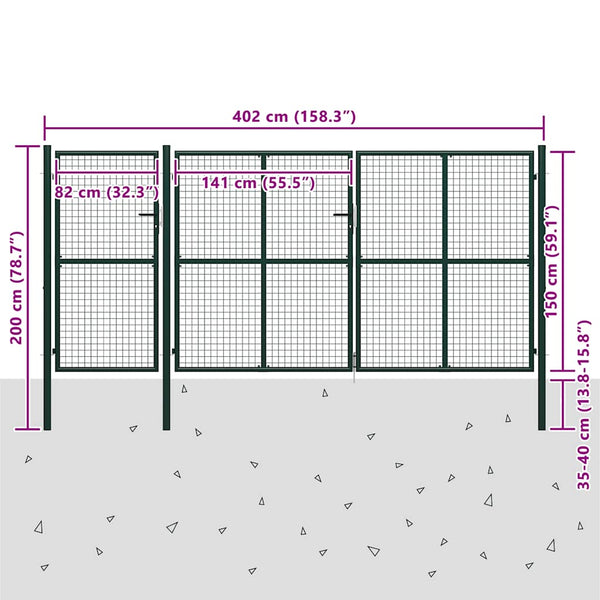 vidaXL Garden Gate Steel 400 x 150 cm Green
