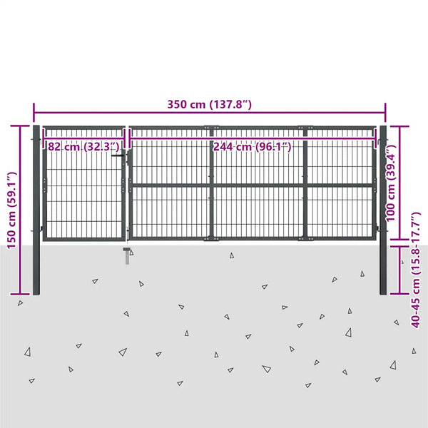 vidaXL Garden Gate with Posts Steel 350 x 100 cm Anthracite