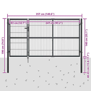 vidaXL Garden Gate with Posts Steel 350x140 cm Anthracite