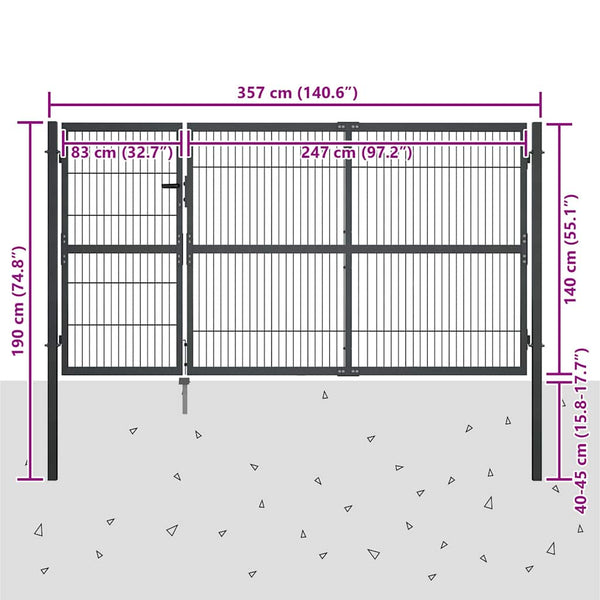 vidaXL Garden Gate with Posts Steel 350x140 cm Anthracite
