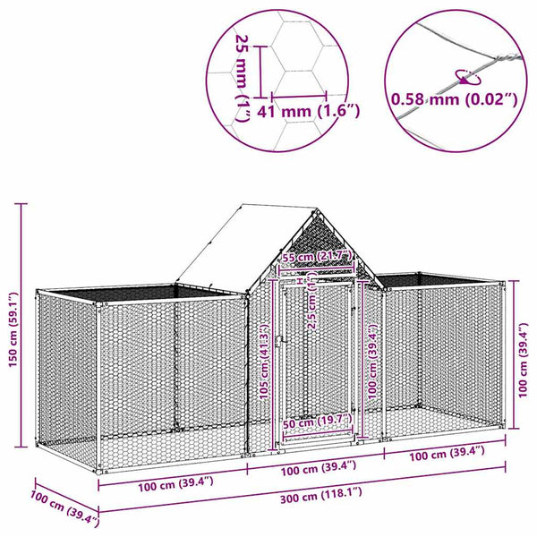vidaXL Chicken Coop 3x1x1.5 m Galvanized Steel