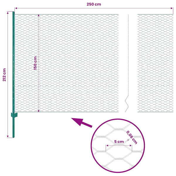 vidaXL Chain Link Fence with Posts Steel 25 x 1.5 m Green