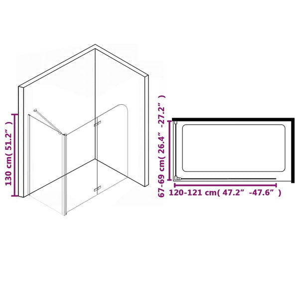 vidaXL Bathtub Screen 2-Fold Tempered Glass 120x68x130 cm