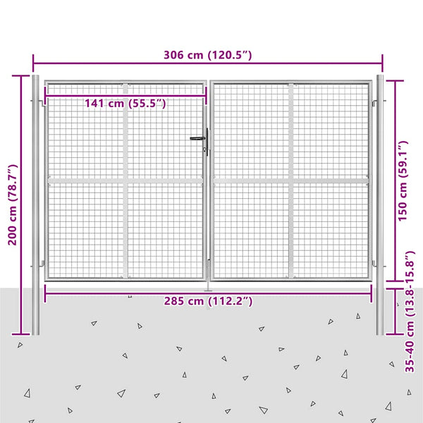 vidaXL Garden Gate Galvanized Steel 306 x 200 cm Silver