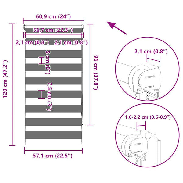 vidaXL Zebra Roller Blind 60.9 x 120 cm, Fabric Width 56.7 cm, Grey