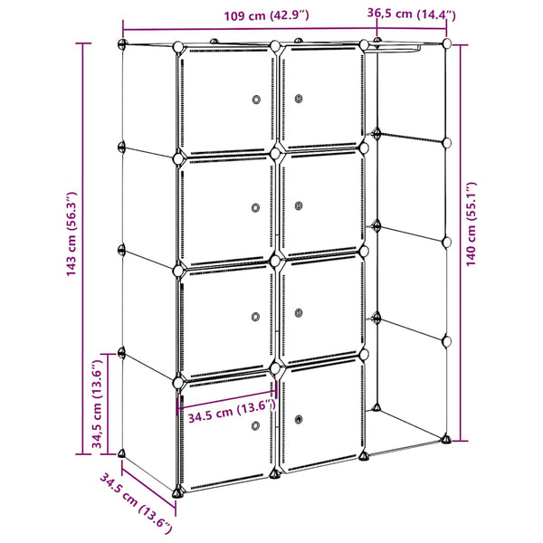 vidaXL Modular Wardrobe with 9 Compartments 109x36.5x143cm Black and White