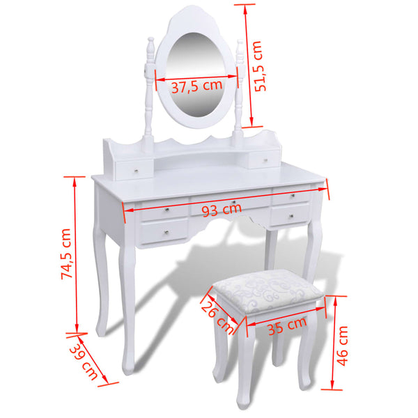 vidaXL Dressing Table with Mirror and Stool 7 Drawers White