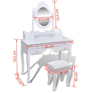 vidaXL Dressing Table with Mirror and Stool 7 Drawers White