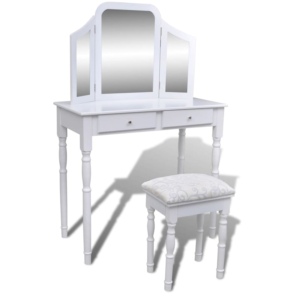 vidaXL Dressing Table with 3-in-1 Mirror and Stool 2 Drawers White