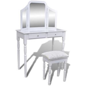 vidaXL Dressing Table with 3-in-1 Mirror and Stool 2 Drawers White