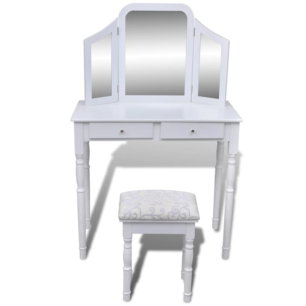 vidaXL Dressing Table with 3-in-1 Mirror and Stool 2 Drawers White