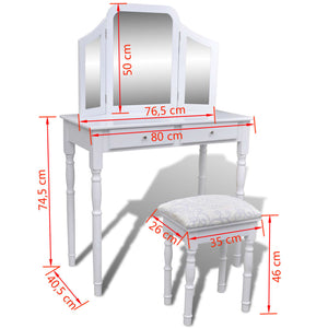 vidaXL Dressing Table with 3-in-1 Mirror and Stool 2 Drawers White