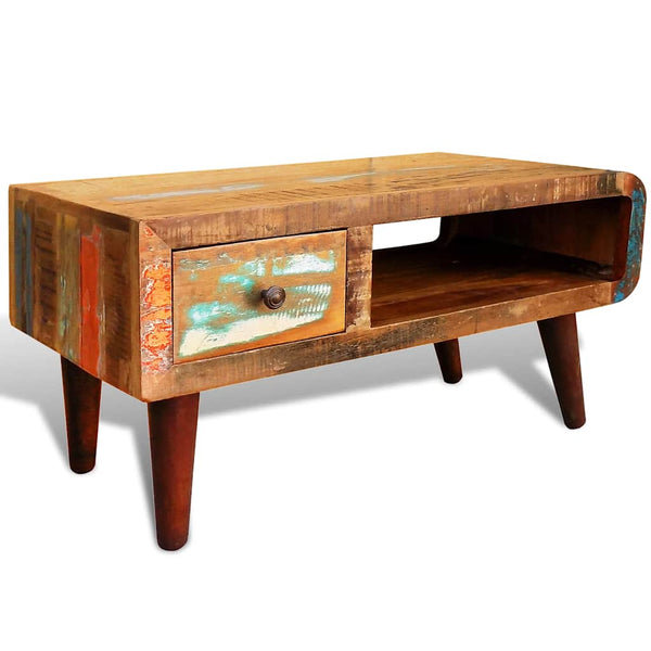 vidaXL Coffee Table with Rounded Side & 1 Drawer Reclaimed Wood