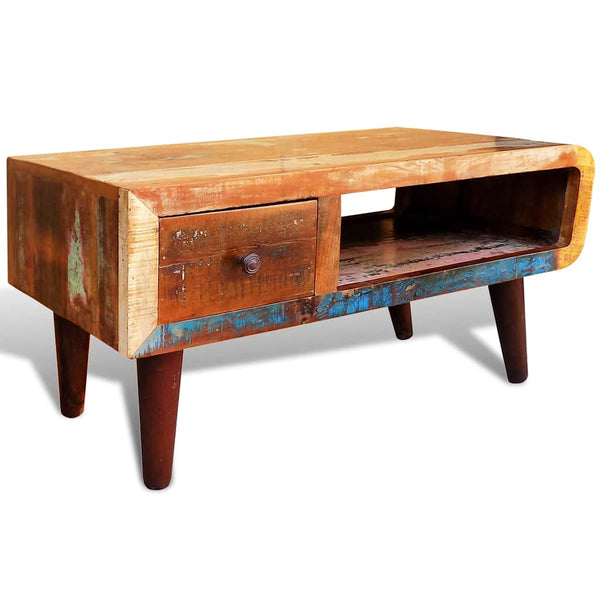 vidaXL Coffee Table with Rounded Side & 1 Drawer Reclaimed Wood