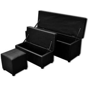 Storage Bench Faux Leather Black Footrest Set 3-piece